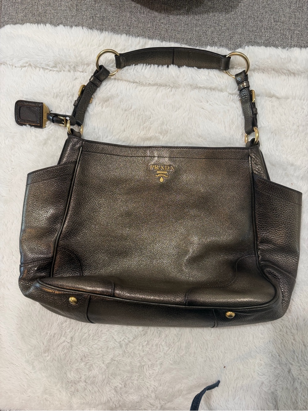 Prada Black Pebbled Leather Shoulder Bag with Gold Hardware